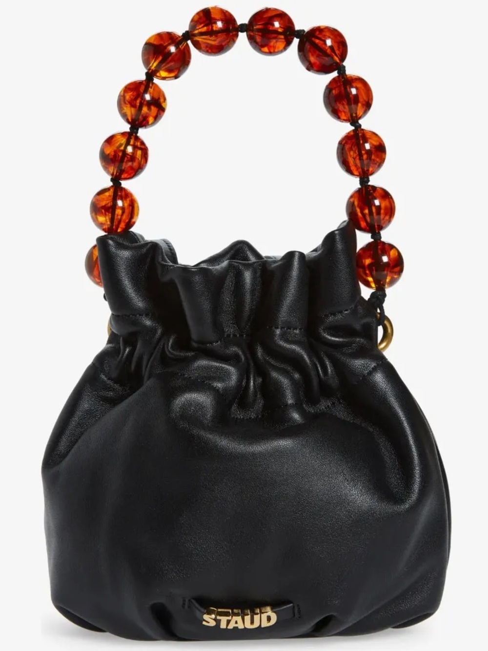 STAUD Black Leather Grace Bucket Bag with Amber Beaded Handle
